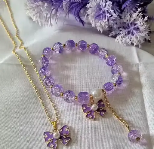 Purple bow charm bracelet and chain